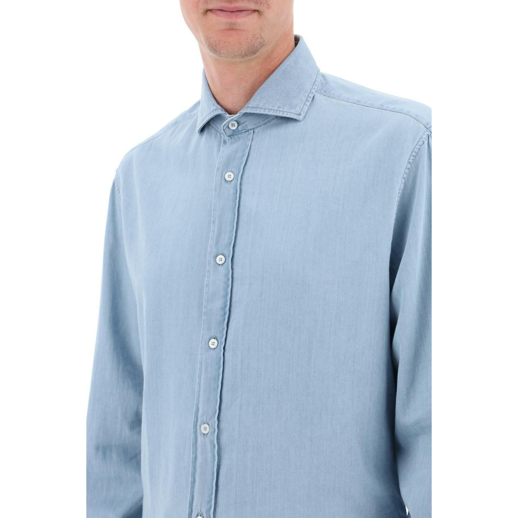 Chambray Cotton Spread Collar Shirt BRUNELLO CUCINELLI JOHN JULIA.