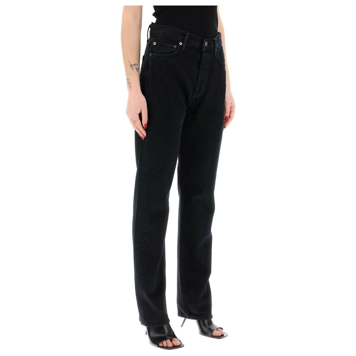 AGOLDE - Black '90'S Pinch Waist High Rise Straight Cotton Jeans in Crushed - JOHN JULIA
