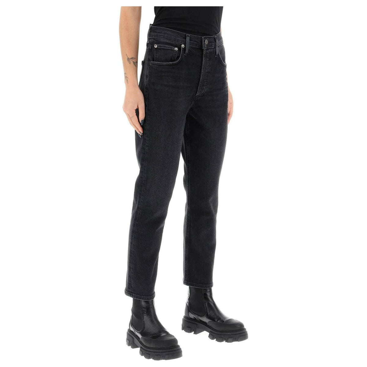 AGOLDE - Black Riley High Rise Cropped Organic Cotton Jeans in Panoramic - JOHN JULIA