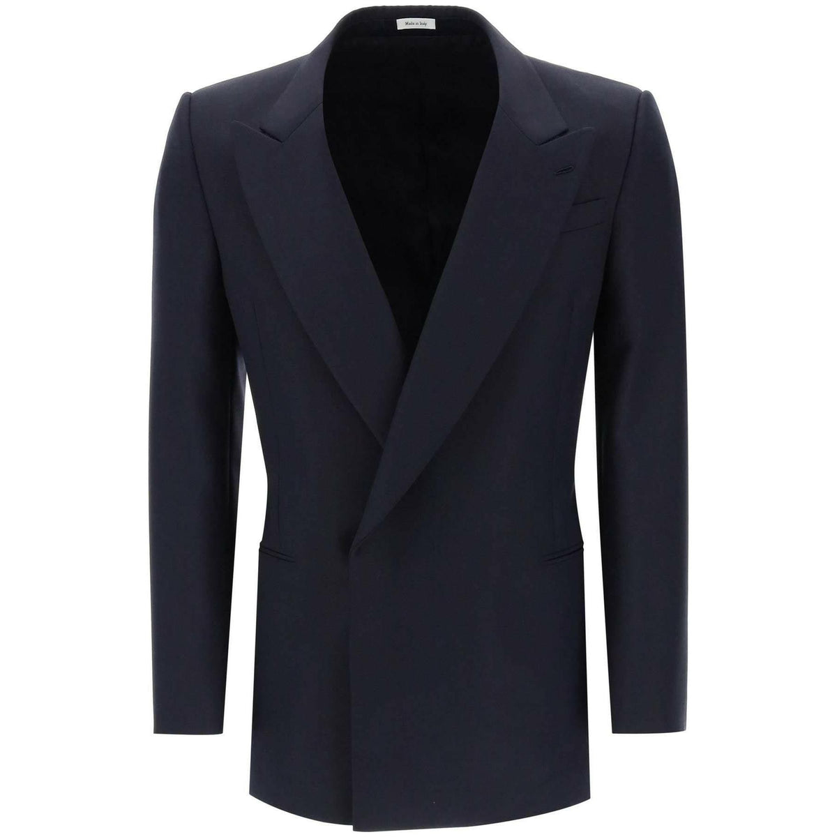 Navy Wool Mohair Concealed Button Double-Breasted Blazer ALEXANDER MCQUEEN JOHN JULIA.
