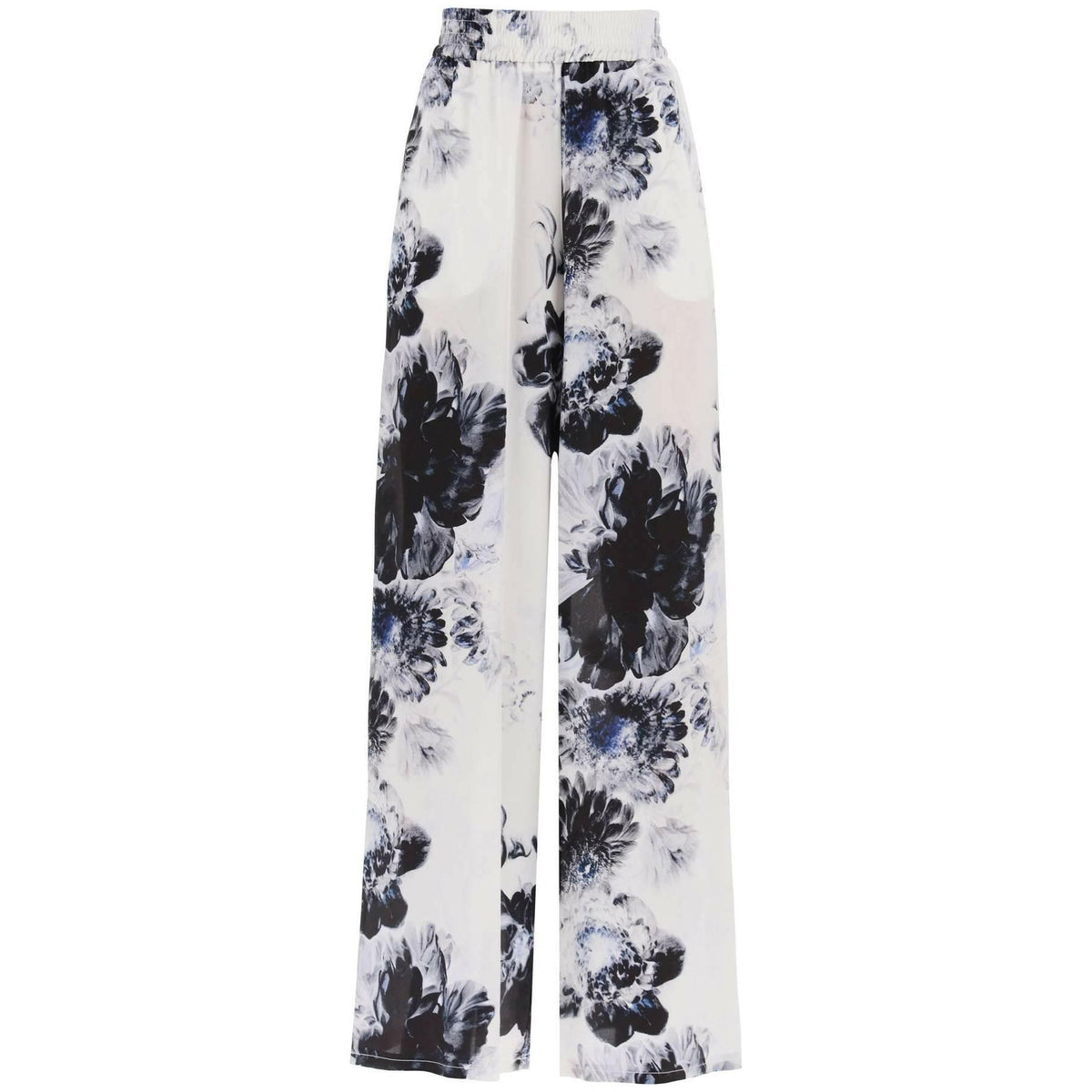ALEXANDER MCQUEEN - White/Black/Electric Blue Floral Chiaroscuro Silk Pyjama Trousers - JOHN JULIA