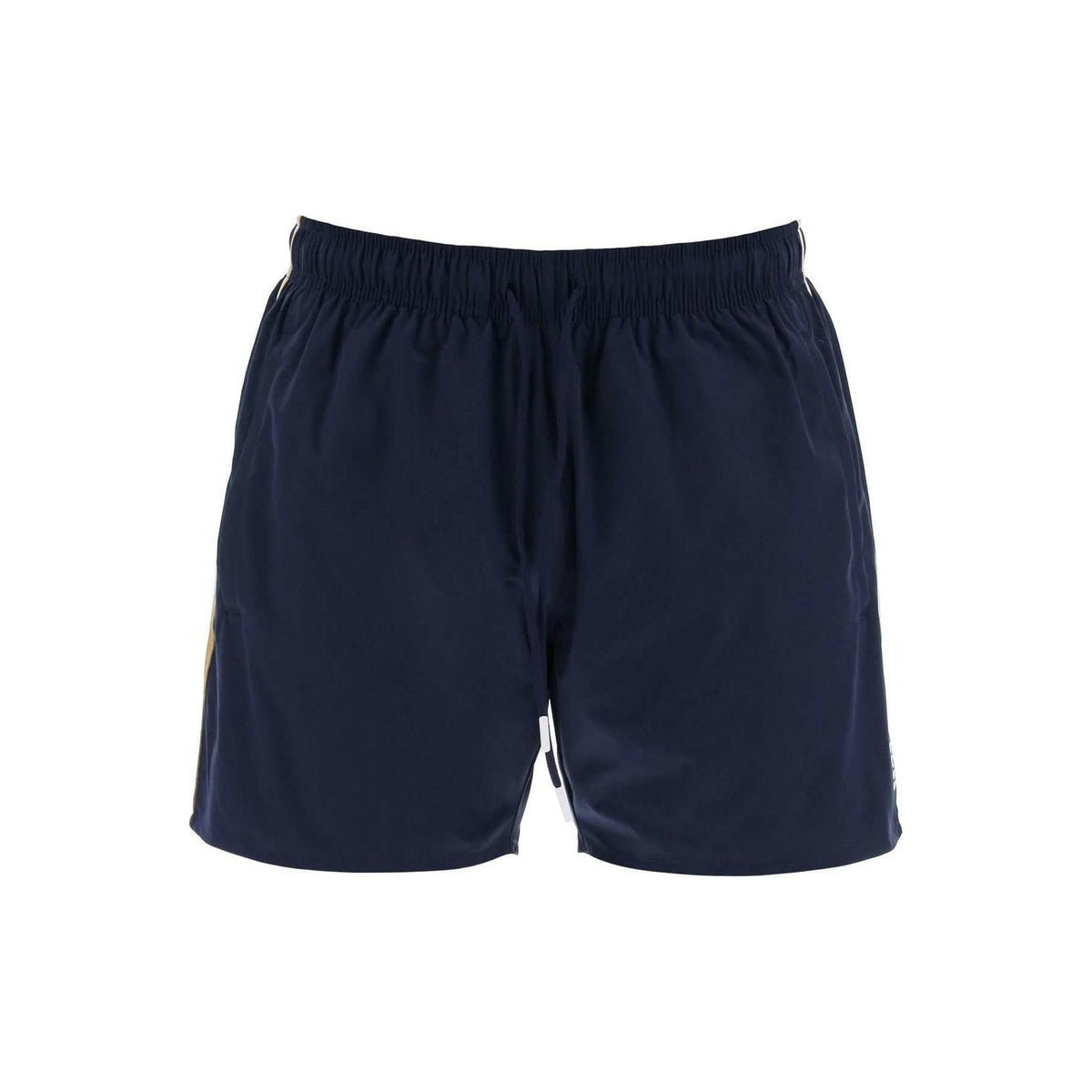 BOSS - Navy Blue Technical Fabric Swim Trunks With Tricolor Side Bands - JOHN JULIA