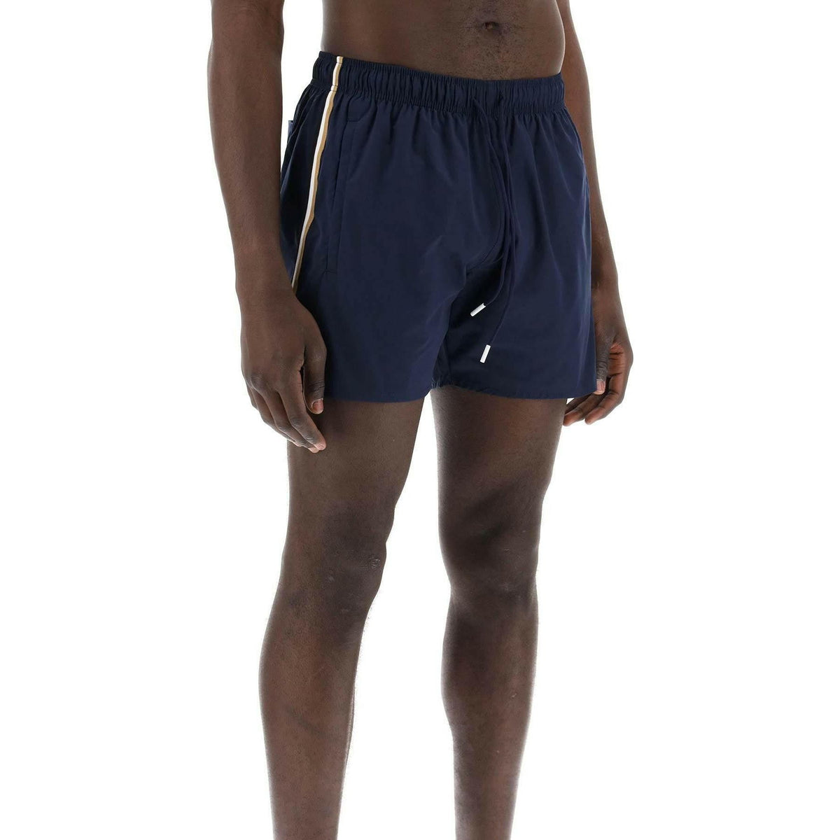 BOSS - Navy Blue Technical Fabric Swim Trunks With Tricolor Side Bands - JOHN JULIA