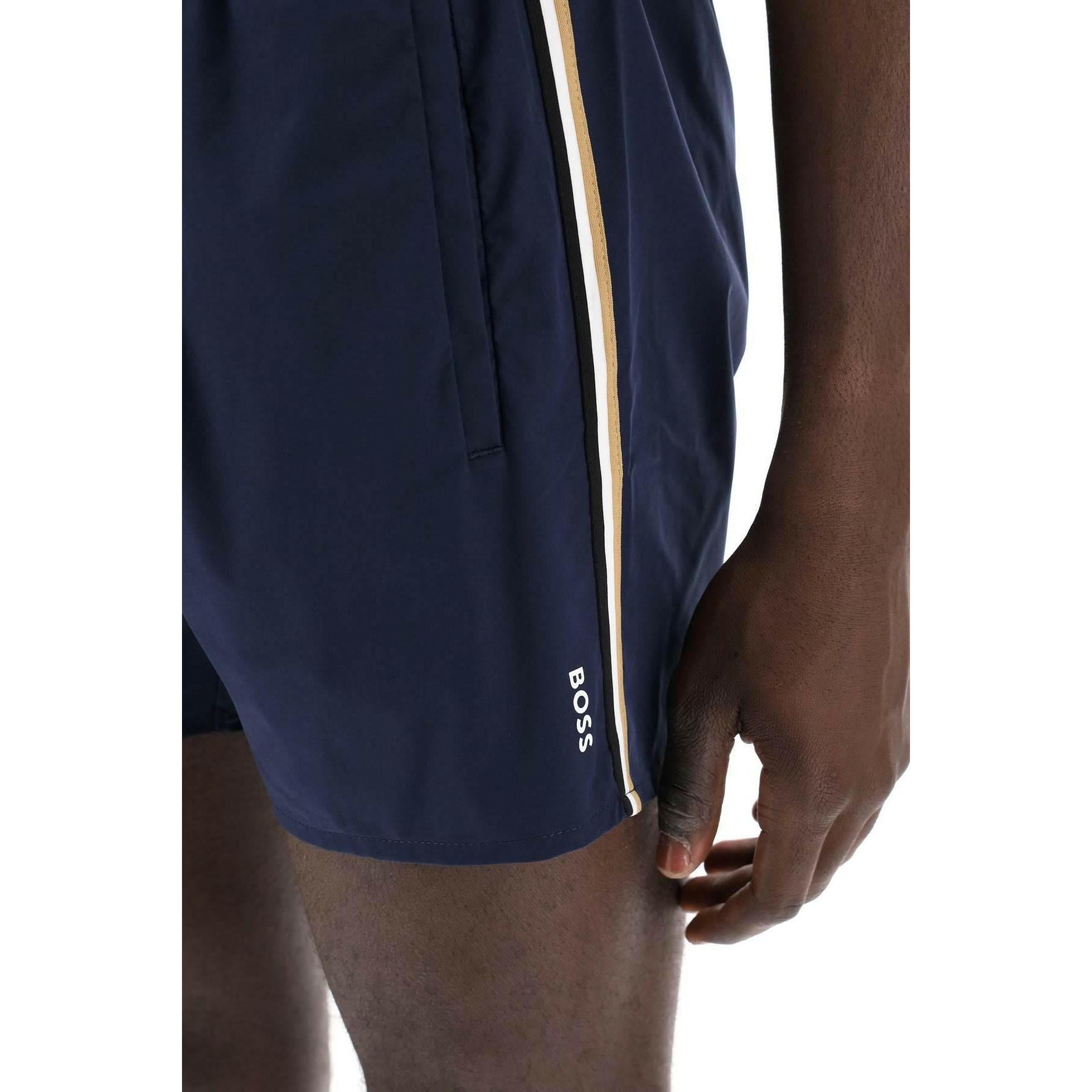 Navy Blue Technical Fabric Swim Trunks With Tricolor Side Bands BOSS JOHN JULIA.