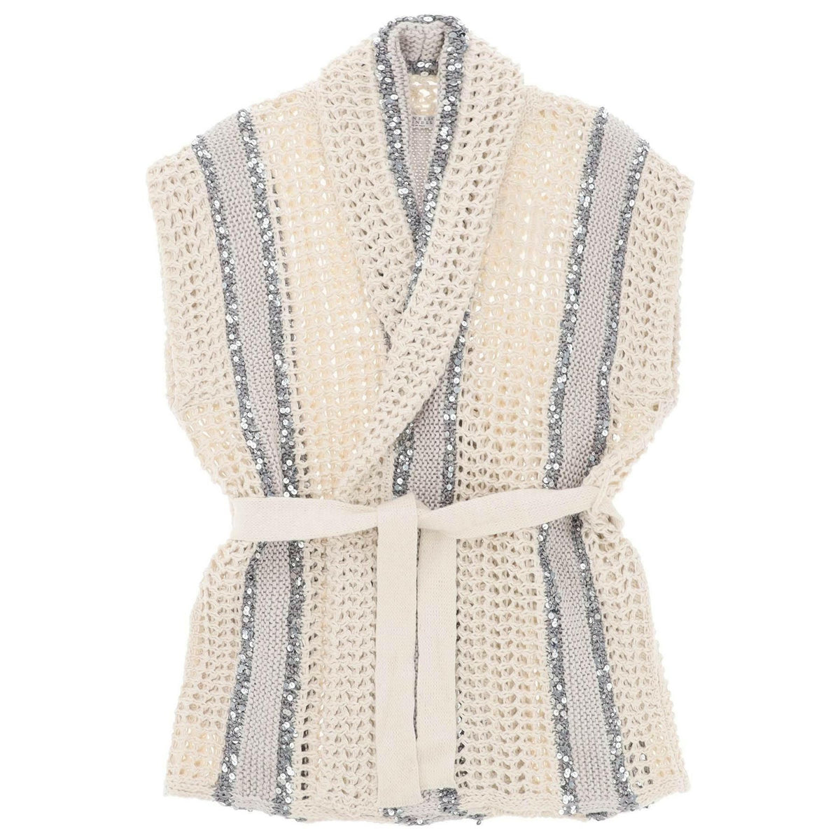 BRUNELLO CUCINELLI - Beige Dazzling Stripe June, Linen, Cotton and Silk Net Knit Cardigan - JOHN JULIA