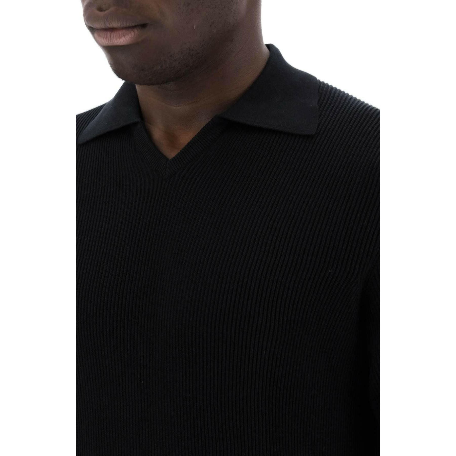Black English Rib Knit Cotton Polo Shirt BRUNELLO CUCINELLI JOHN JULIA.