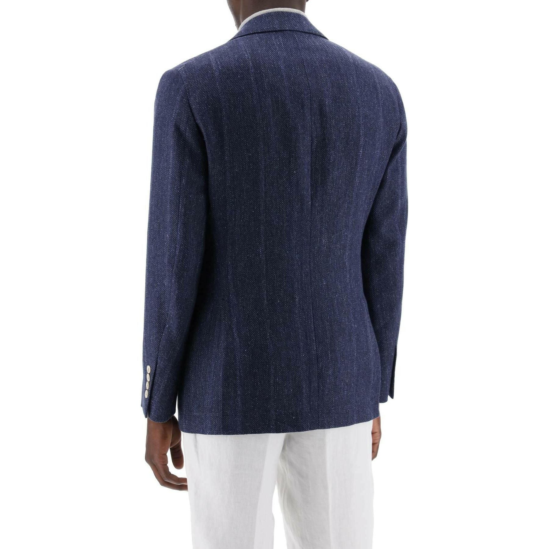 Denim Blue Linen, Wool and Silk Single-Breasted Blazer BRUNELLO CUCINELLI JOHN JULIA.