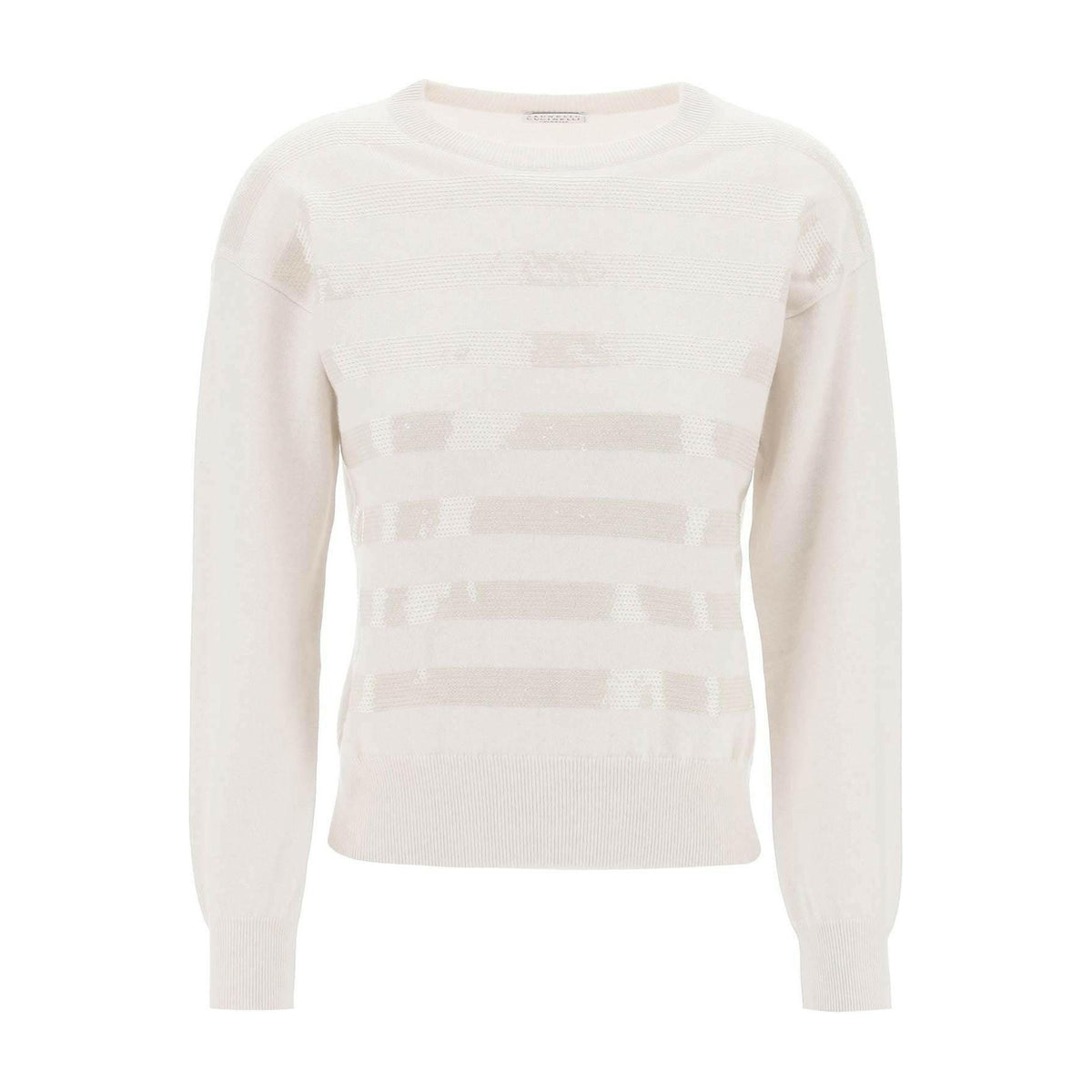 BRUNELLO CUCINELLI - Ivory Cashmere Sweater with Dazzling Stripe Paillette Embroidery - JOHN JULIA