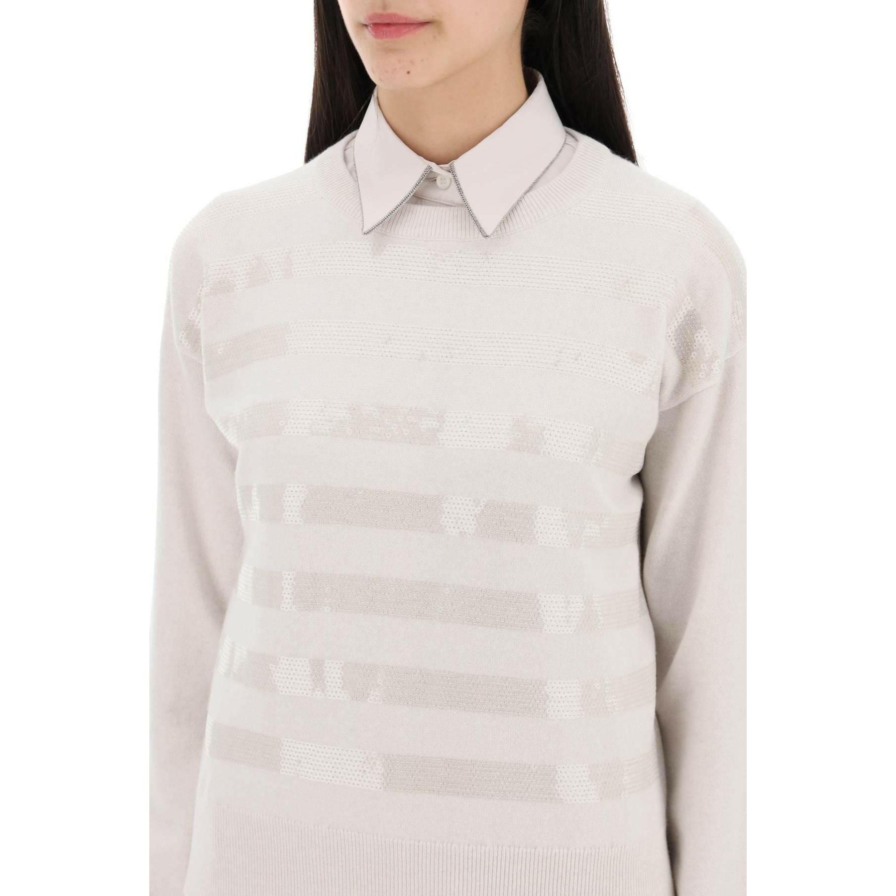 Ivory Cashmere Sweater with Dazzling Stripe Paillette Embroidery BRUNELLO CUCINELLI JOHN JULIA.