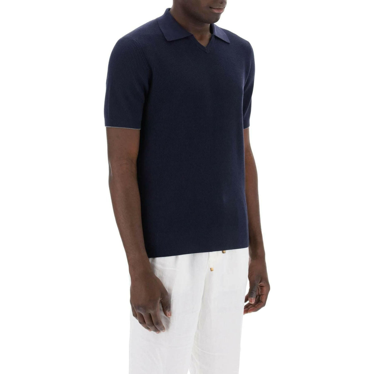 BRUNELLO CUCINELLI - Navy Blue English Rib Knit Cotton Polo Shirt - JOHN JULIA