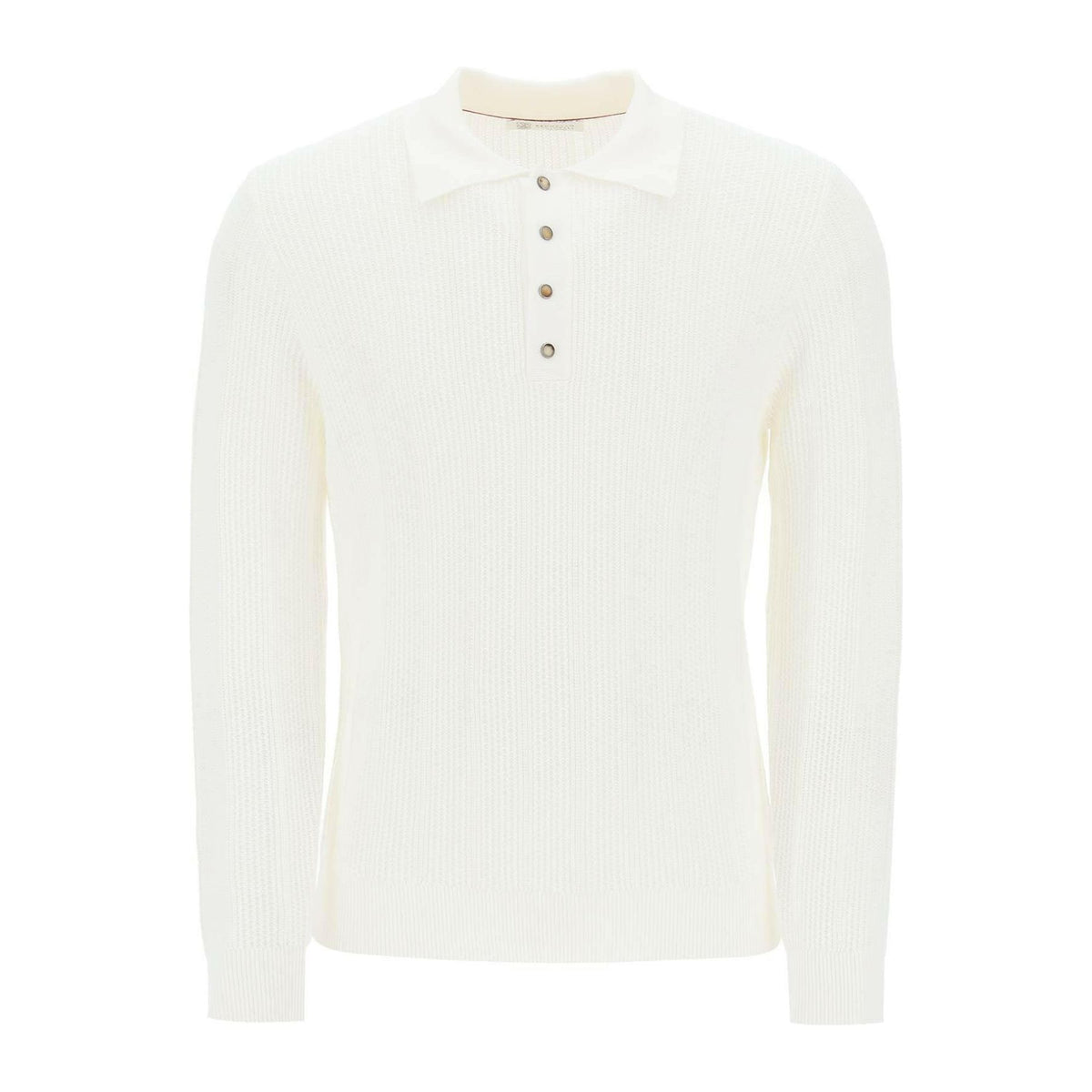 BRUNELLO CUCINELLI - Panama White Long-Sleeve Cotton Textured Rib Knit Polo Shirt - JOHN JULIA