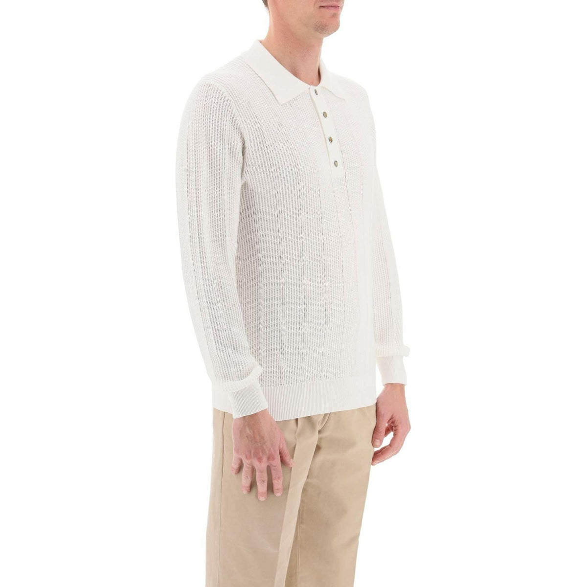BRUNELLO CUCINELLI - Panama White Long-Sleeve Cotton Textured Rib Knit Polo Shirt - JOHN JULIA