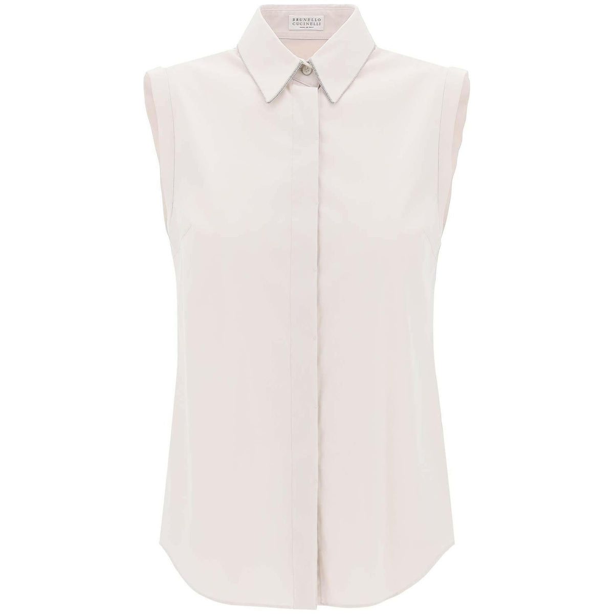 BRUNELLO CUCINELLI - Pearl White Sleeveless Stretch Cotton Poplin Shirt with Shiny Trim - JOHN JULIA