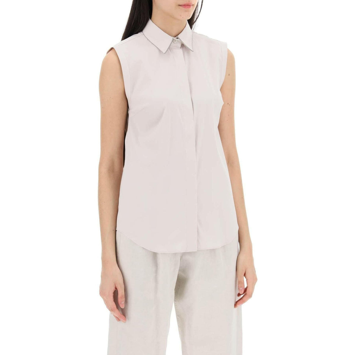 BRUNELLO CUCINELLI - Pearl White Sleeveless Stretch Cotton Poplin Shirt with Shiny Trim - JOHN JULIA