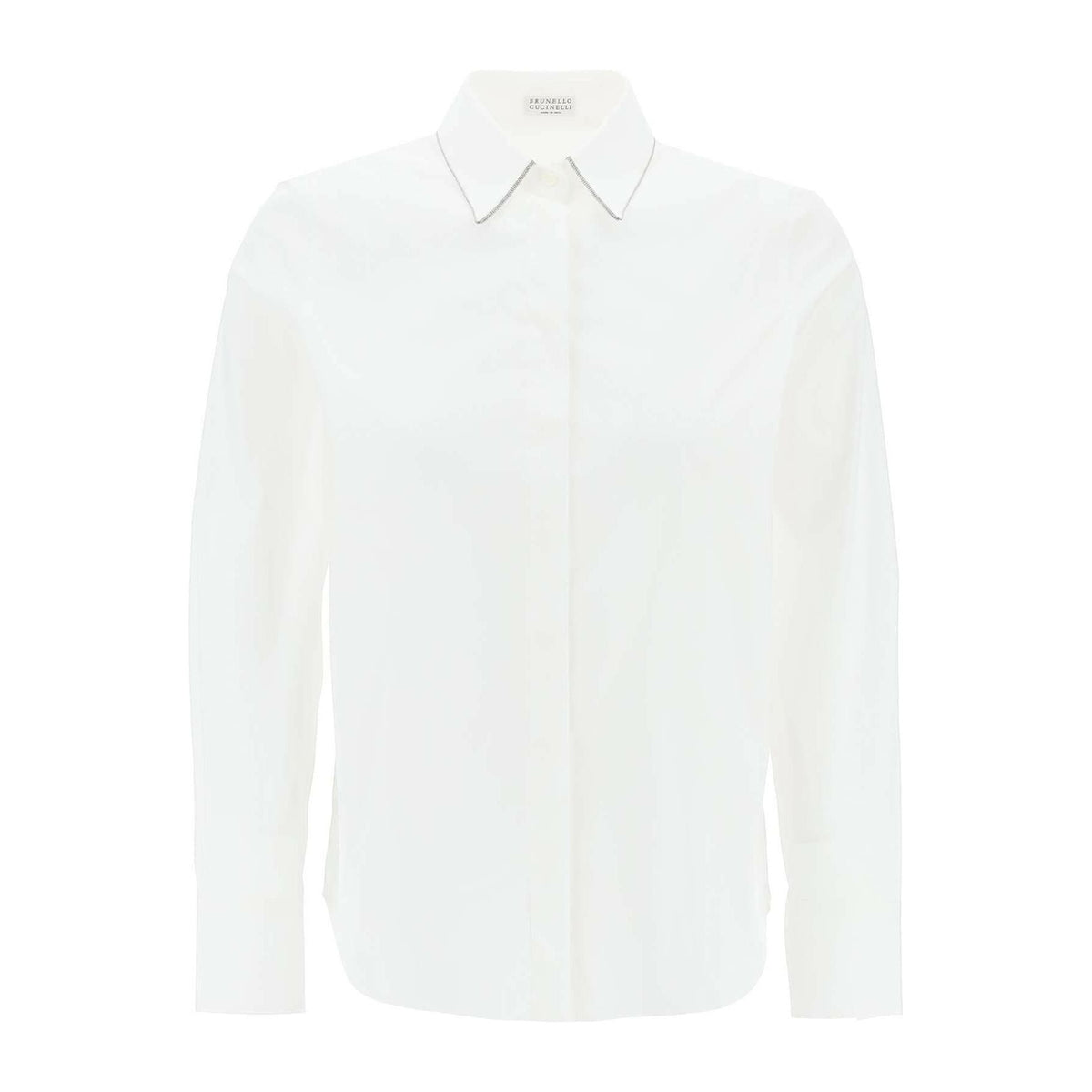 White Monili-Trim Satin-Collar Cotton Poplin Shirt BRUNELLO CUCINELLI JOHN JULIA.