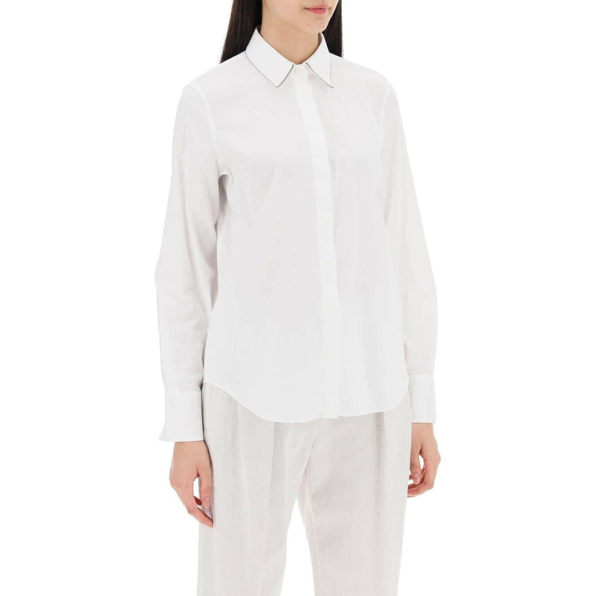 White Monili-Trim Satin-Collar Cotton Poplin Shirt BRUNELLO CUCINELLI JOHN JULIA.