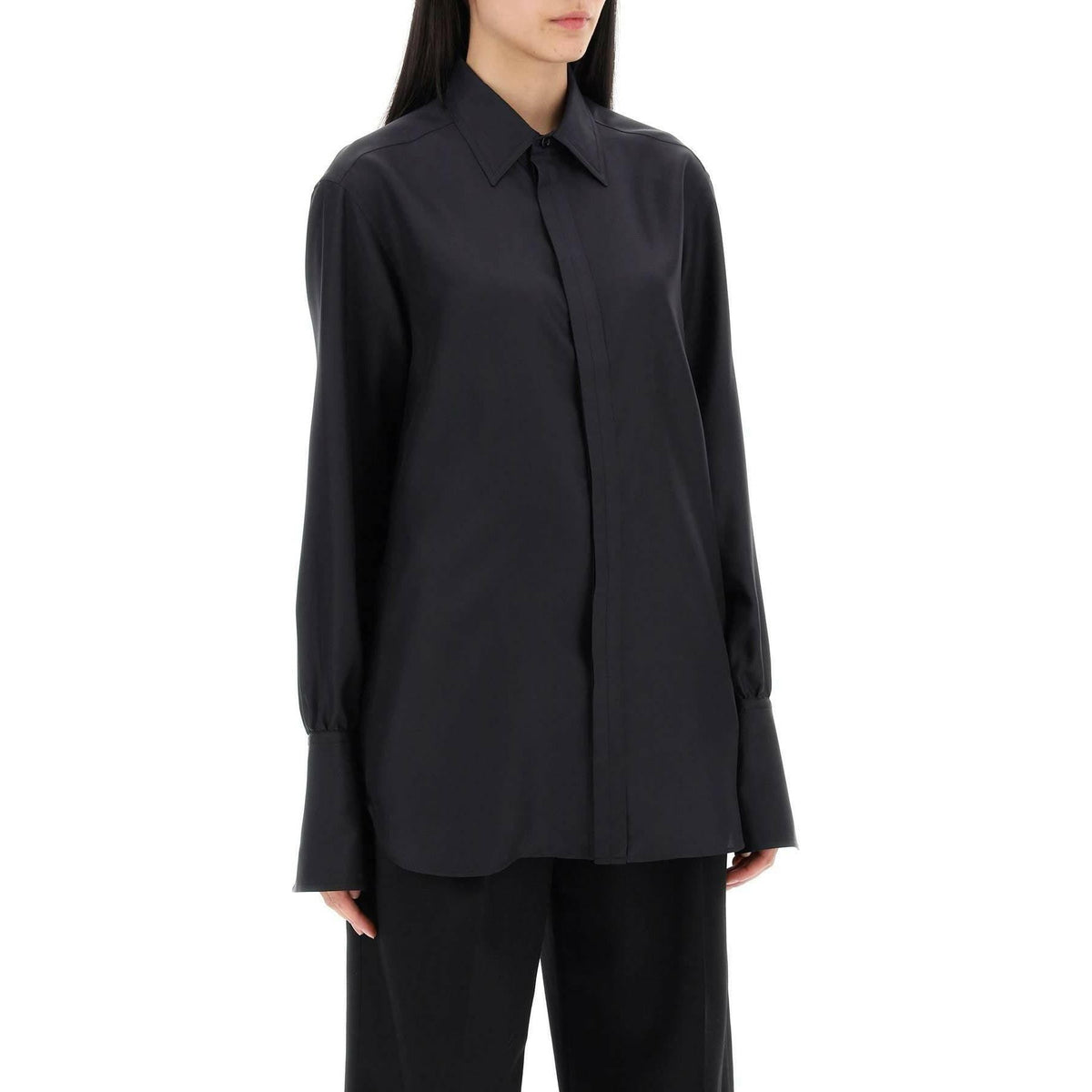 BURBERRY - Black Long-Sleeve Silk Georgette Shirt - JOHN JULIA