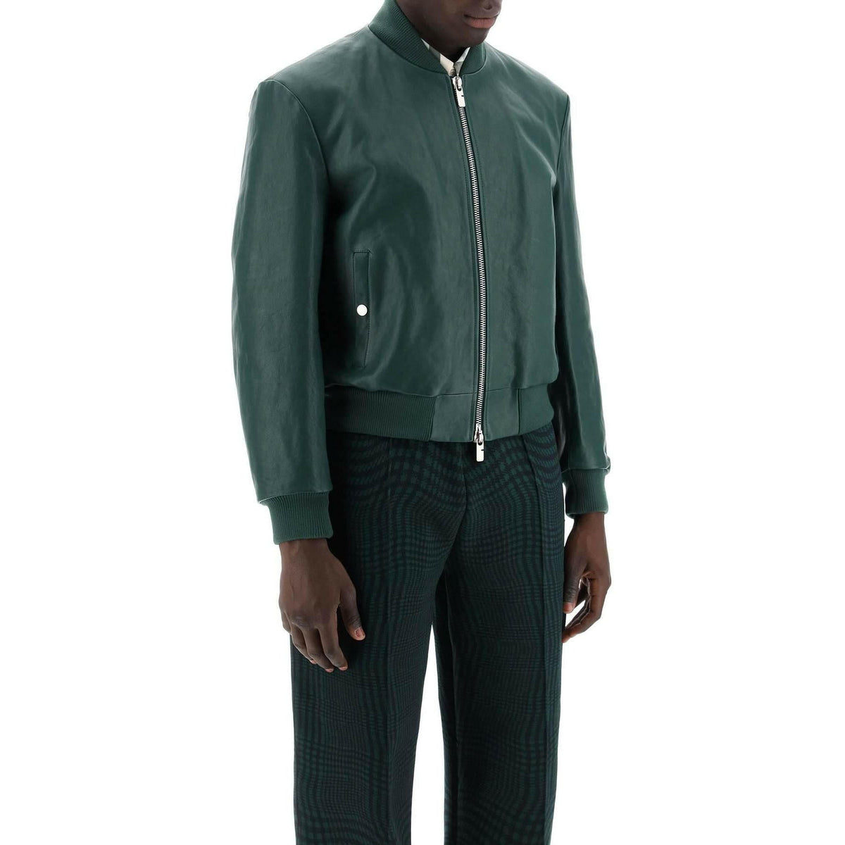 Green Leather Ribbed Knit Collar Bomber Jacket BURBERRY JOHN JULIA.