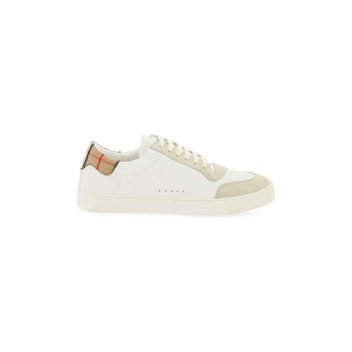 BURBERRY - Neutral White Leather, Suede and Check Cotton Sneakers - JOHN JULIA