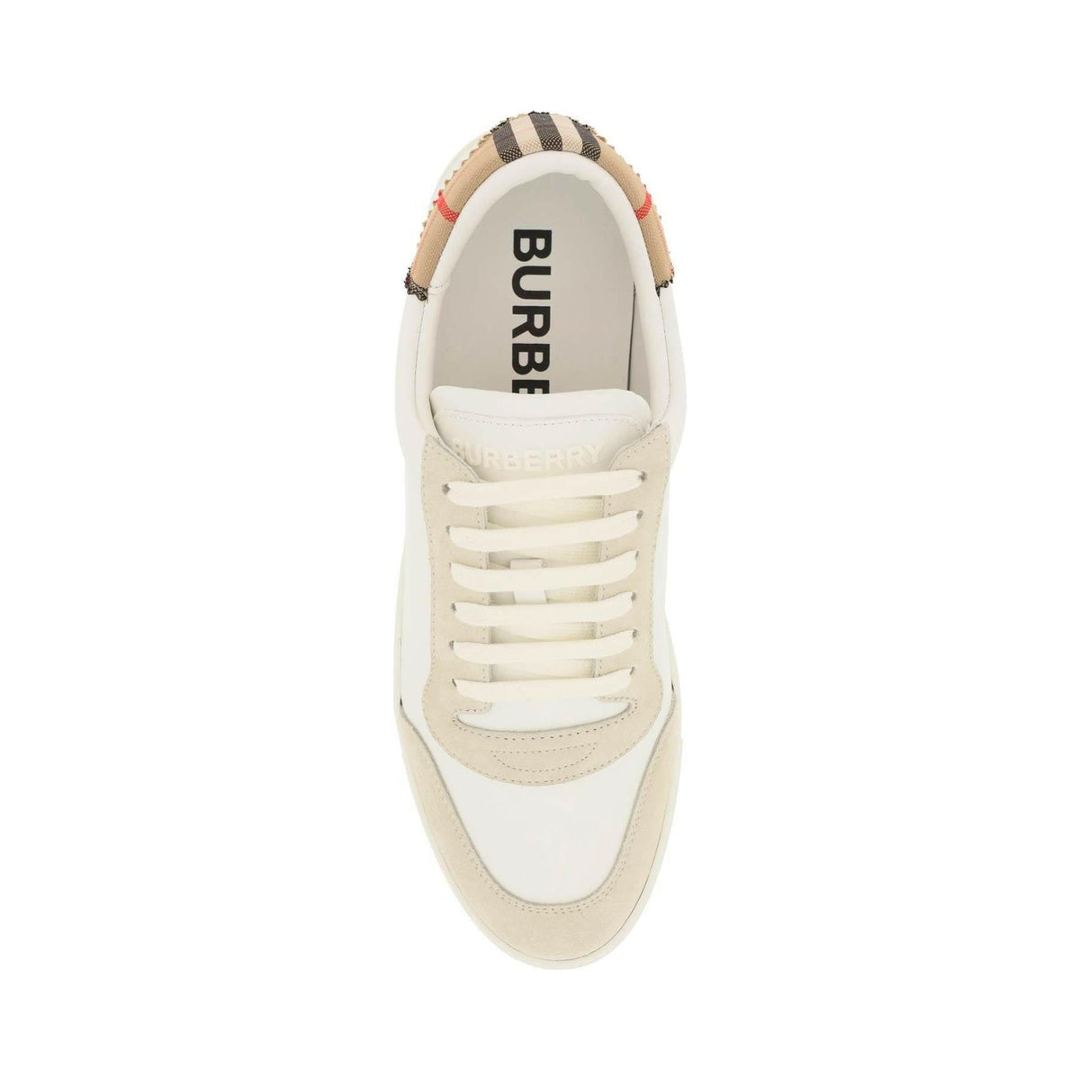 BURBERRY - Neutral White Leather, Suede and Check Cotton Sneakers - JOHN JULIA