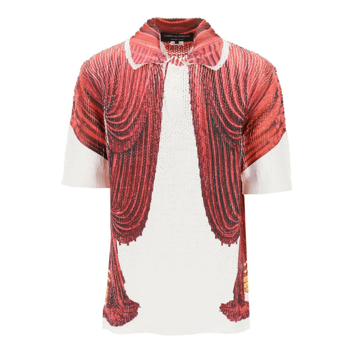 White and Red Theater Print Knit Polo Shirt COMME DES GARCONS HOMME PLUS JOHN JULIA.