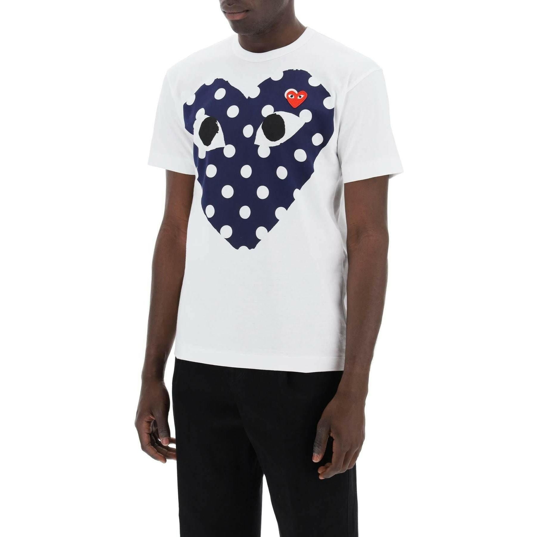 White Polka Dot Heart Print T-Shirt With Embroidered Logo COMME DES GARCONS PLAY JOHN JULIA.