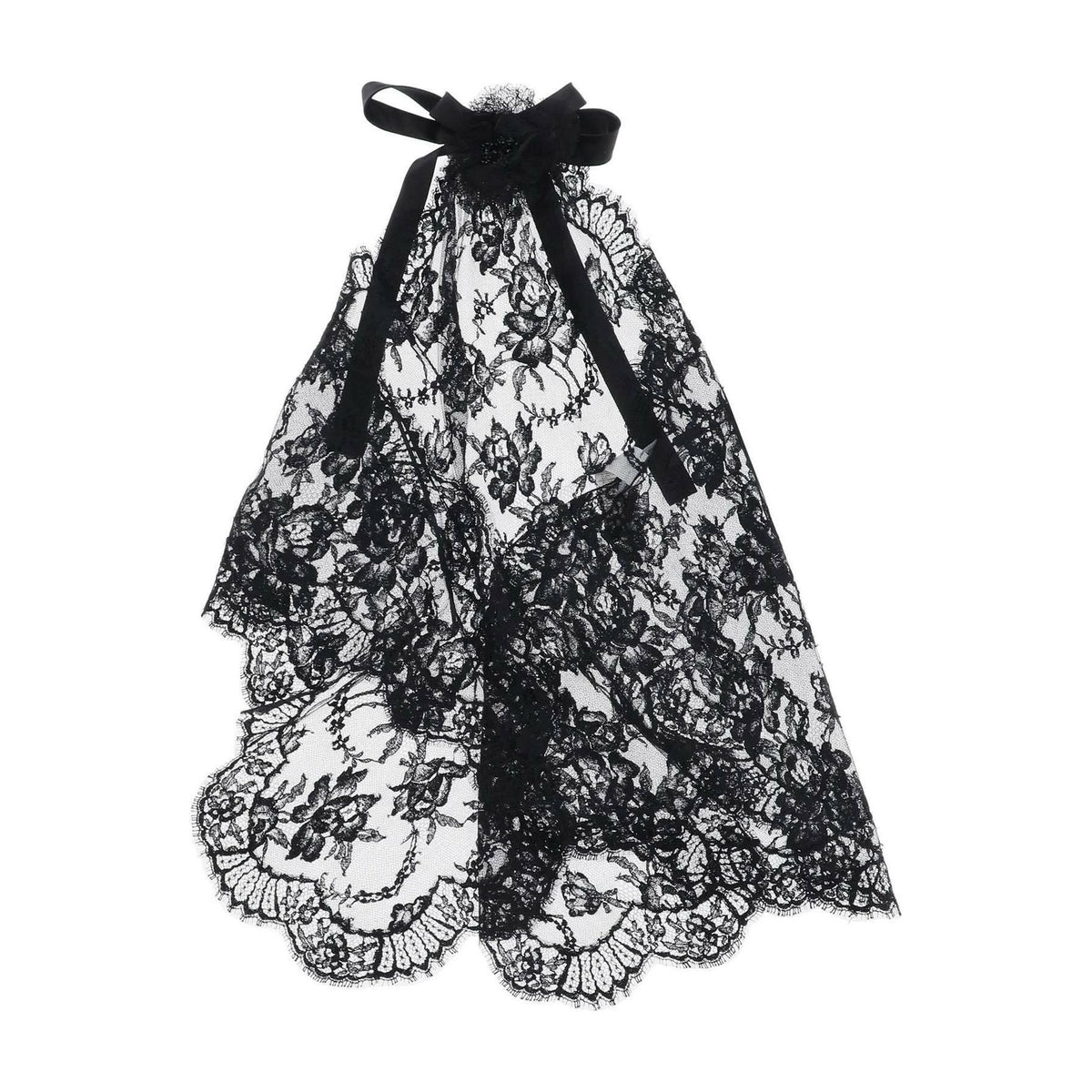 DOLCE & GABBANA - Black Asymmetrical Chantilly Lace Top With Flower Detail - JOHN JULIA