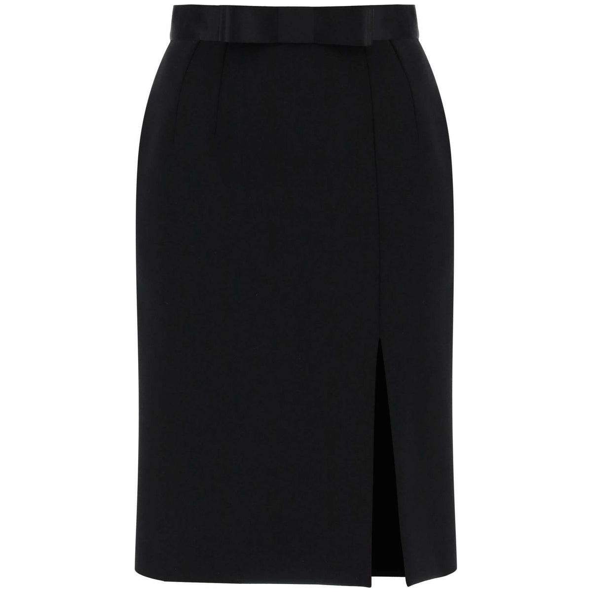 DOLCE & GABBANA - Black Wool Tricotine Knee-Length Pencil Skirt With Satin Waistband - JOHN JULIA