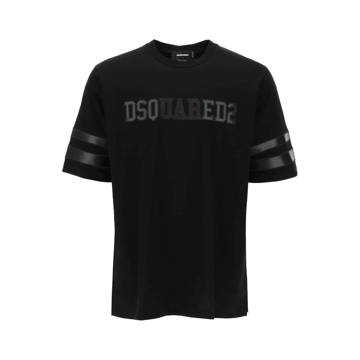 DSQUARED2 - Black Cotton T-Shirt With Faux Leather Sleeve Inserts - JOHN JULIA