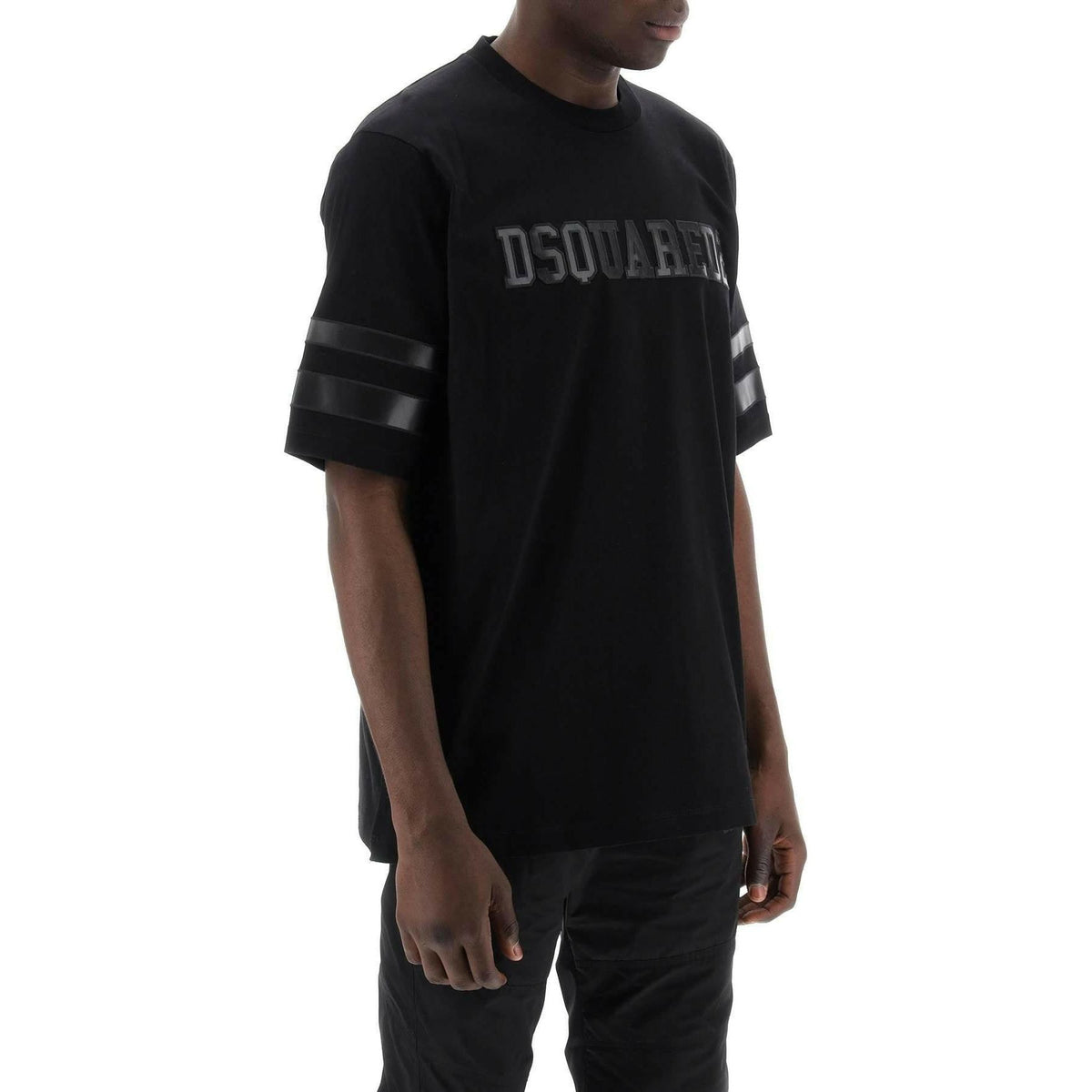 DSQUARED2 - Black Cotton T-Shirt With Faux Leather Sleeve Inserts - JOHN JULIA