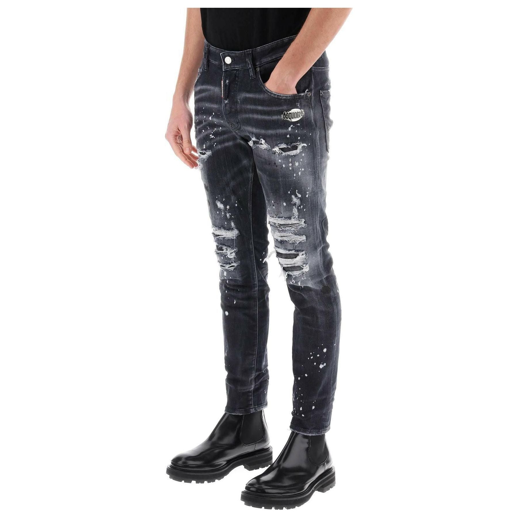 Black Diamond & Studs Wash Cotton Skater Jeans DSQUARED2 JOHN JULIA.