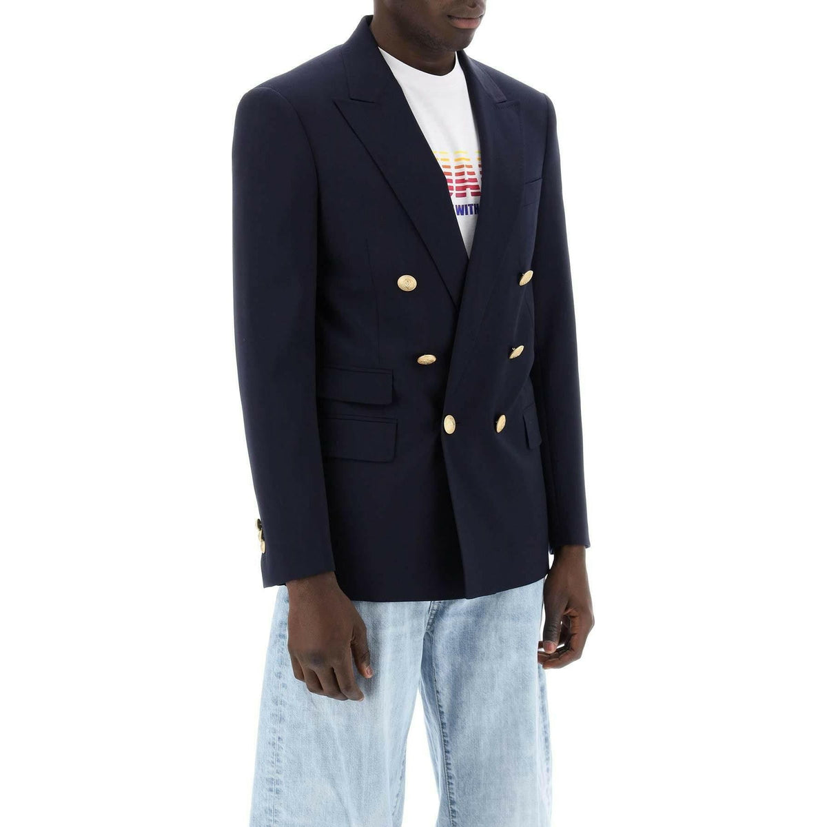 DSQUARED2 - Navy Blue Wool Palm Beach Double-Breasted Jacket With Gold Buttons - JOHN JULIA
