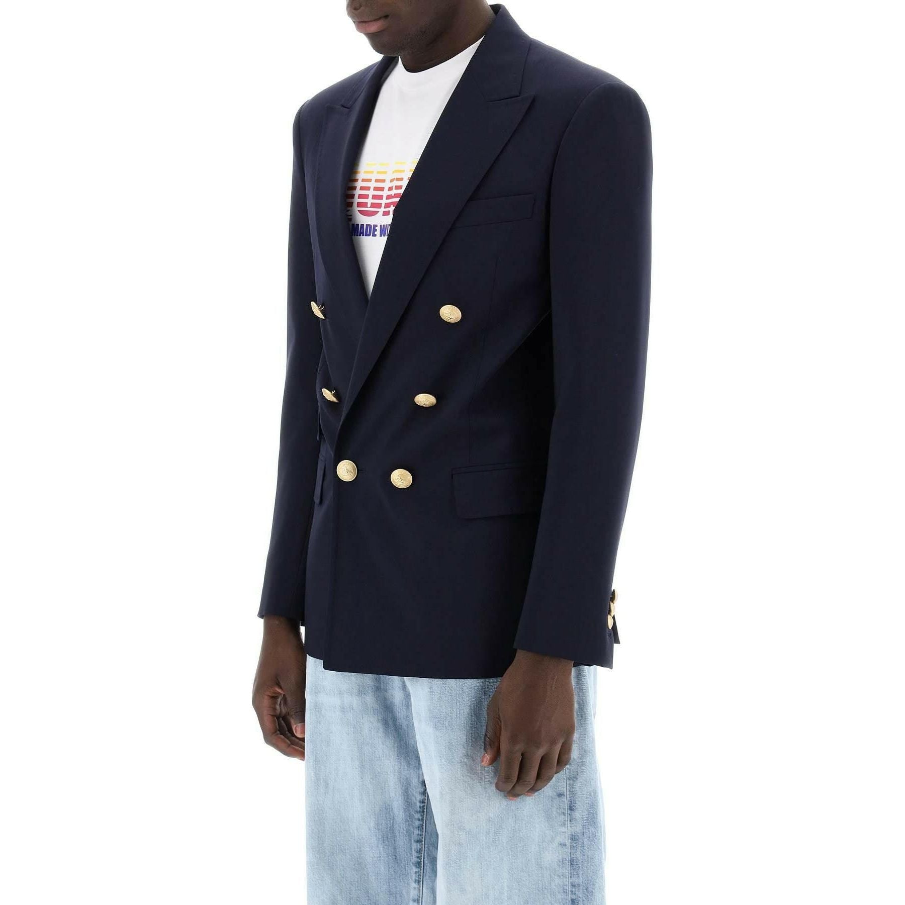 Navy Blue Wool Palm Beach Double-Breasted Jacket With Gold Buttons DSQUARED2 JOHN JULIA.