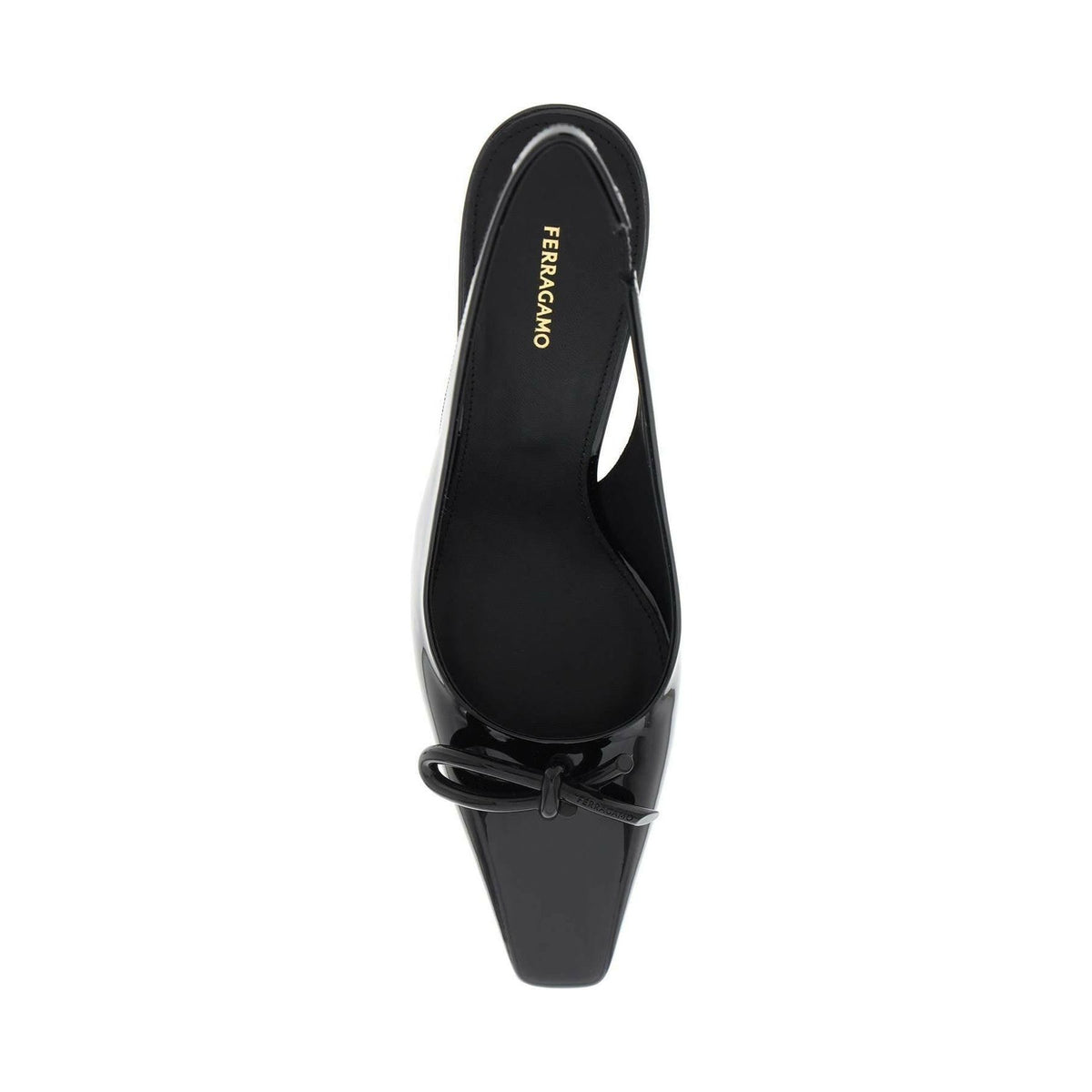 FERRAGAMO - Black Asymmetric Bow Embellished Patent Leather Slingback Pumps - JOHN JULIA