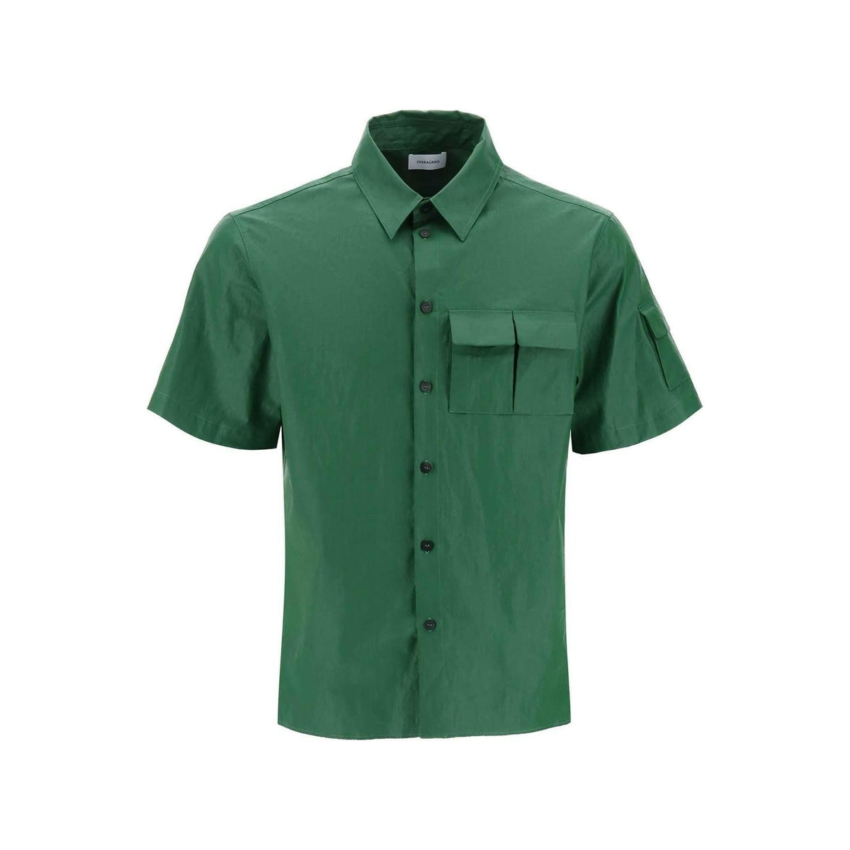FERRAGAMO - Forest Green Coated Linen Short-Sleeve Shirt - JOHN JULIA