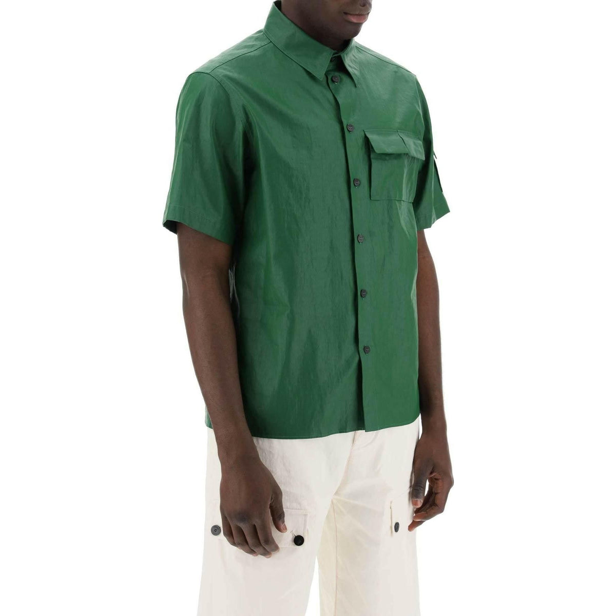 FERRAGAMO - Forest Green Coated Linen Short-Sleeve Shirt - JOHN JULIA