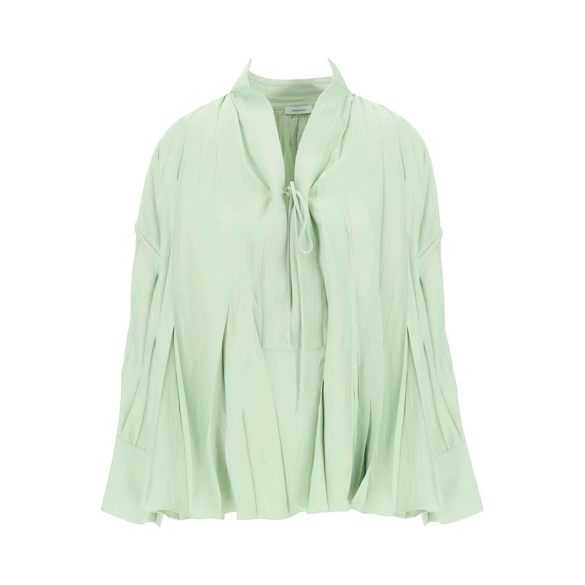 FERRAGAMO - Sage Green Heavy Satin Caftan Style Blouse With Adjustable Laces - JOHN JULIA