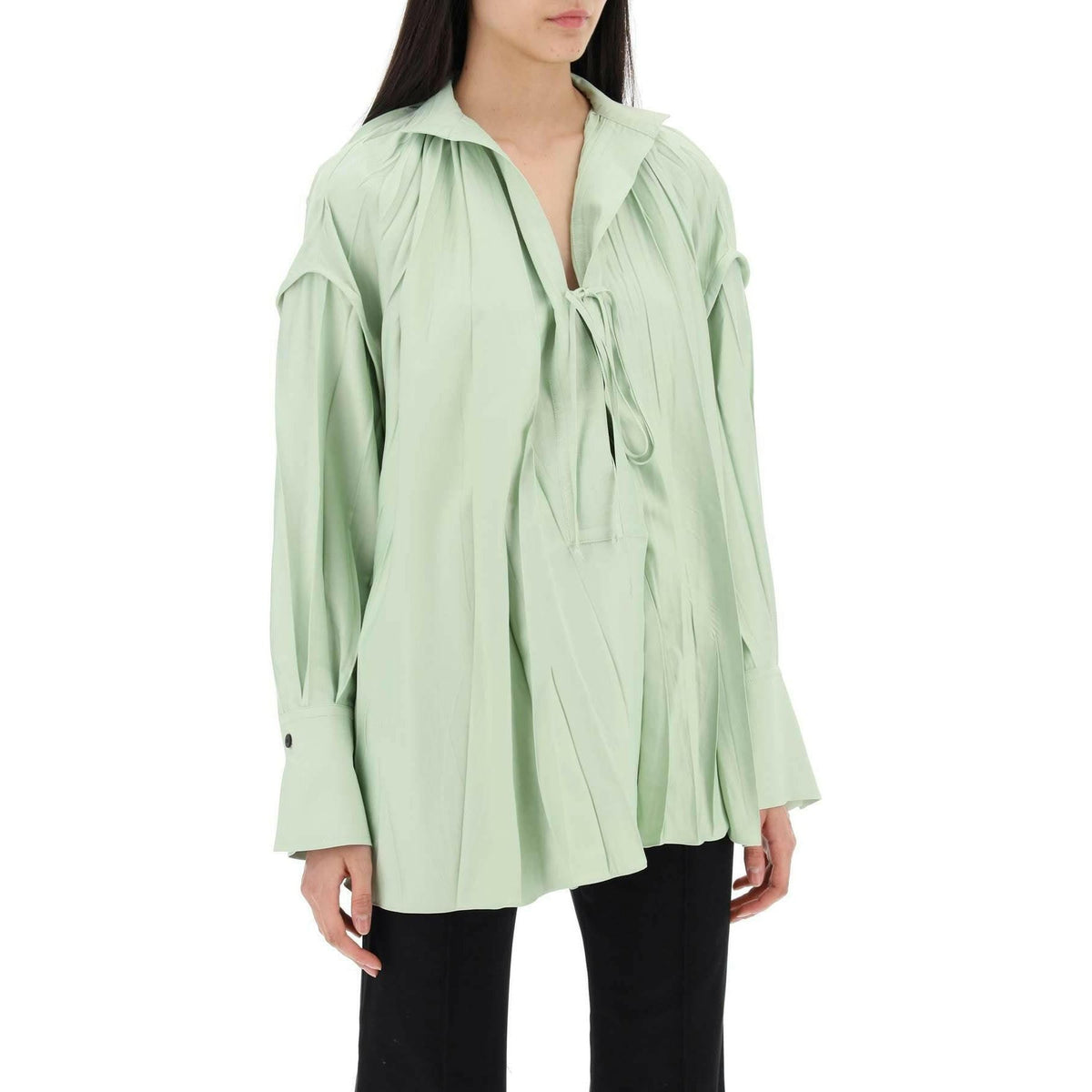 FERRAGAMO - Sage Green Heavy Satin Caftan Style Blouse With Adjustable Laces - JOHN JULIA