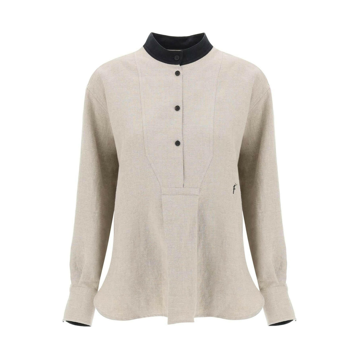 FERRAGAMO - Sand Linen Tunic Shirt With Contrasting Mandarin Collar - JOHN JULIA