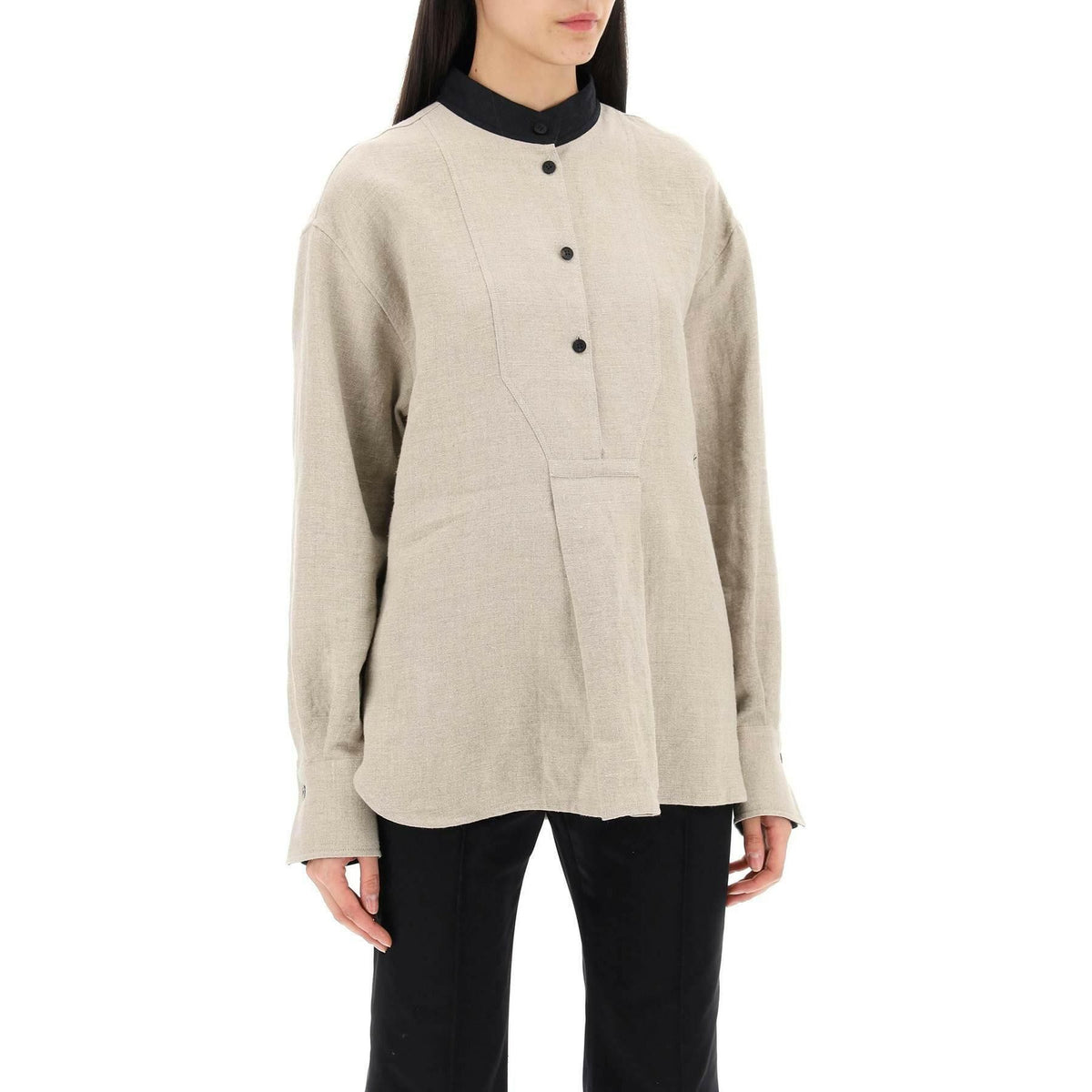 FERRAGAMO - Sand Linen Tunic Shirt With Contrasting Mandarin Collar - JOHN JULIA
