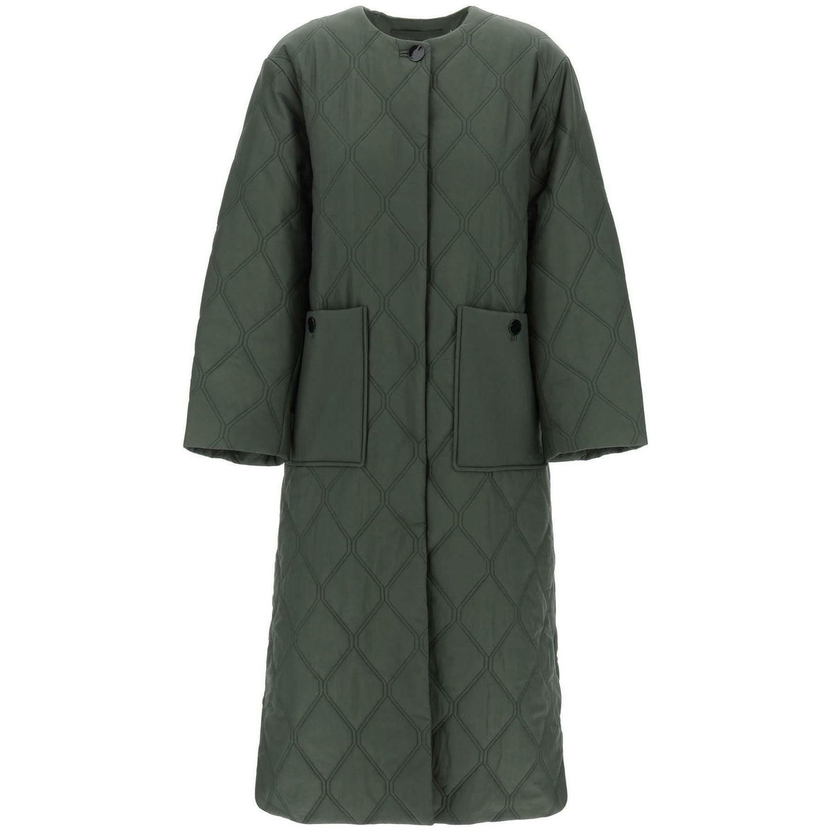 Kombu Green Quilt Recycled Nylon Long Coat GANNI JOHN JULIA.