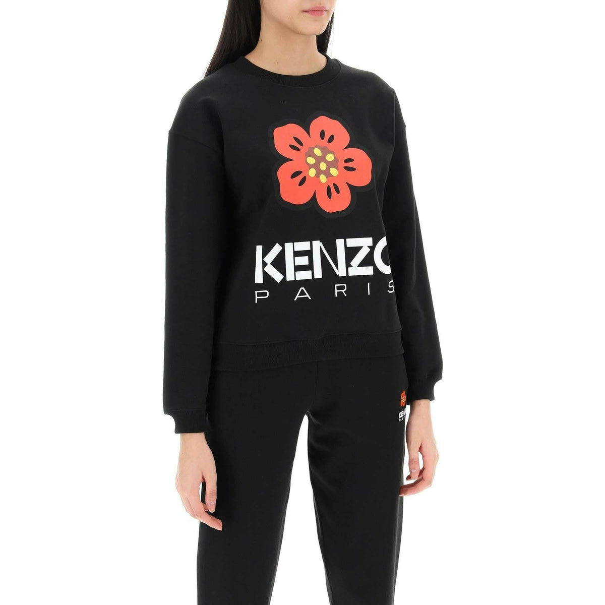 KENZO - Black Bokè Flower Print Crew Neck Cotton Sweatshirt - JOHN JULIA