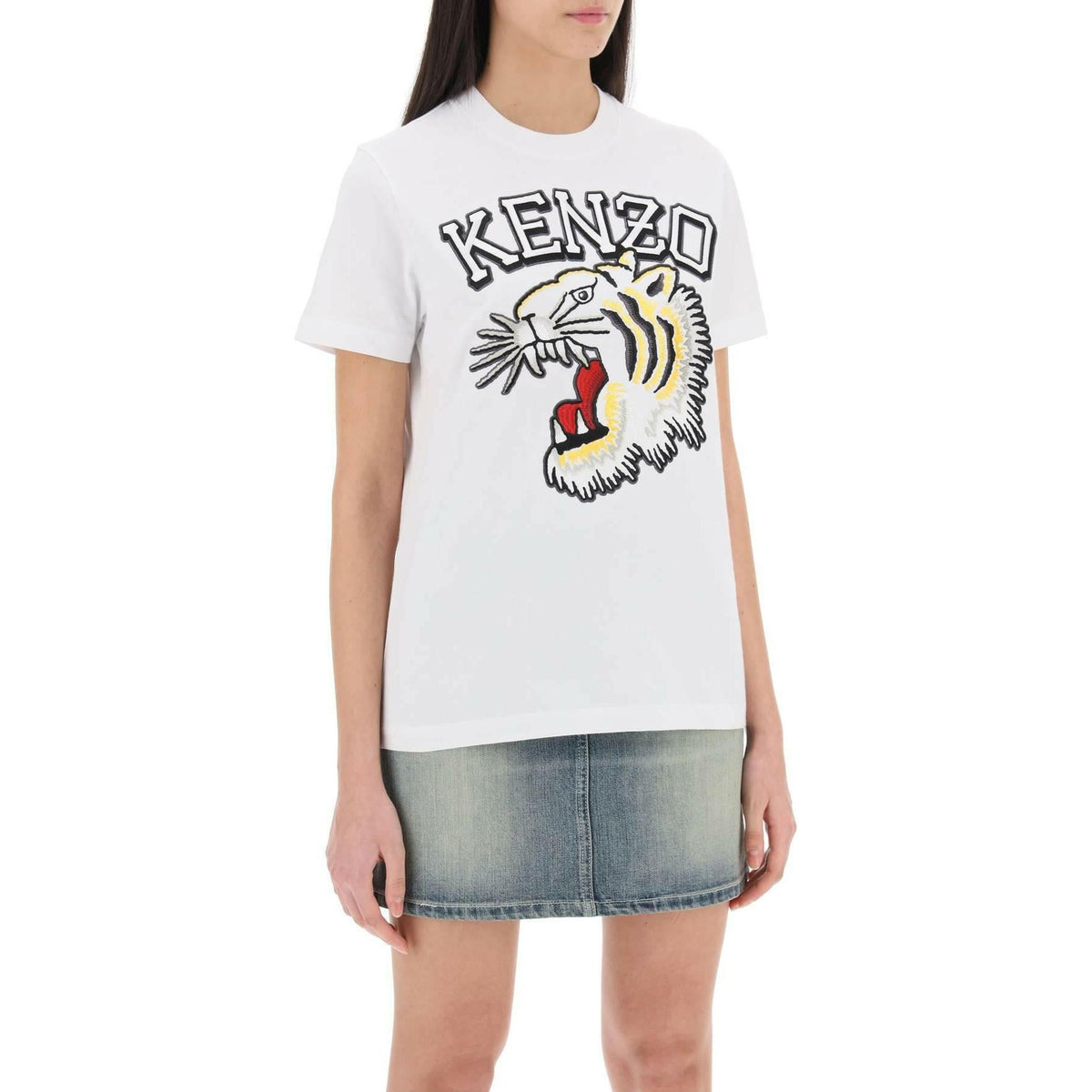 KENZO - White Embroidered Tiger Varsity Cotton Crew Neck T-Shirt - JOHN JULIA