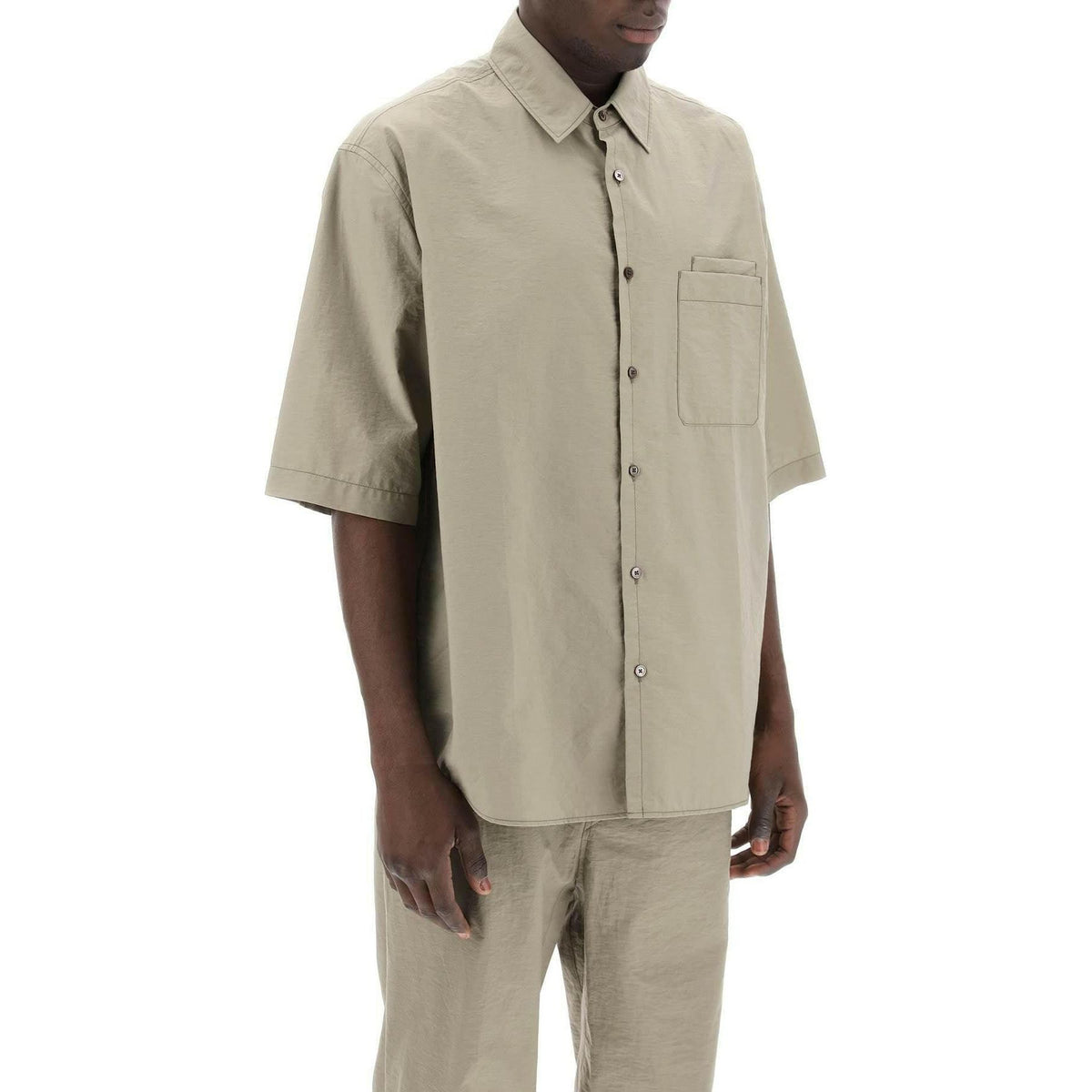 LEMAIRE - Dusty Khaki Washed Technical Cotton Double Pocket Short Sleeve Shirt - JOHN JULIA