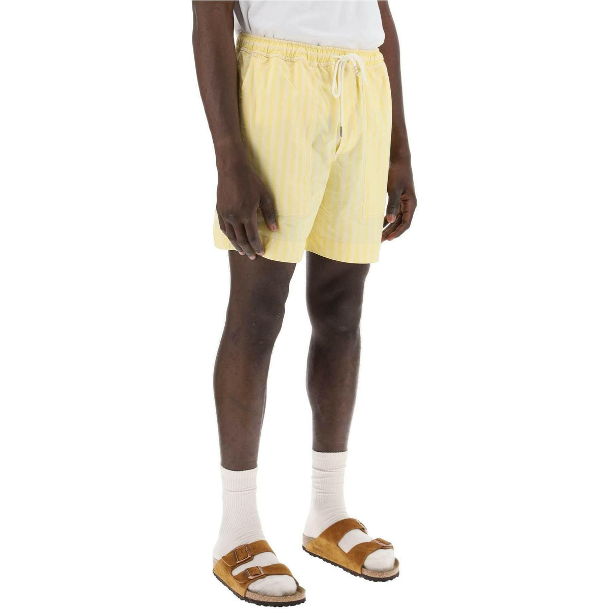 MAISON KITSUNE - Light Yellow Striped Poplin Shorts With Sunset Patch - JOHN JULIA