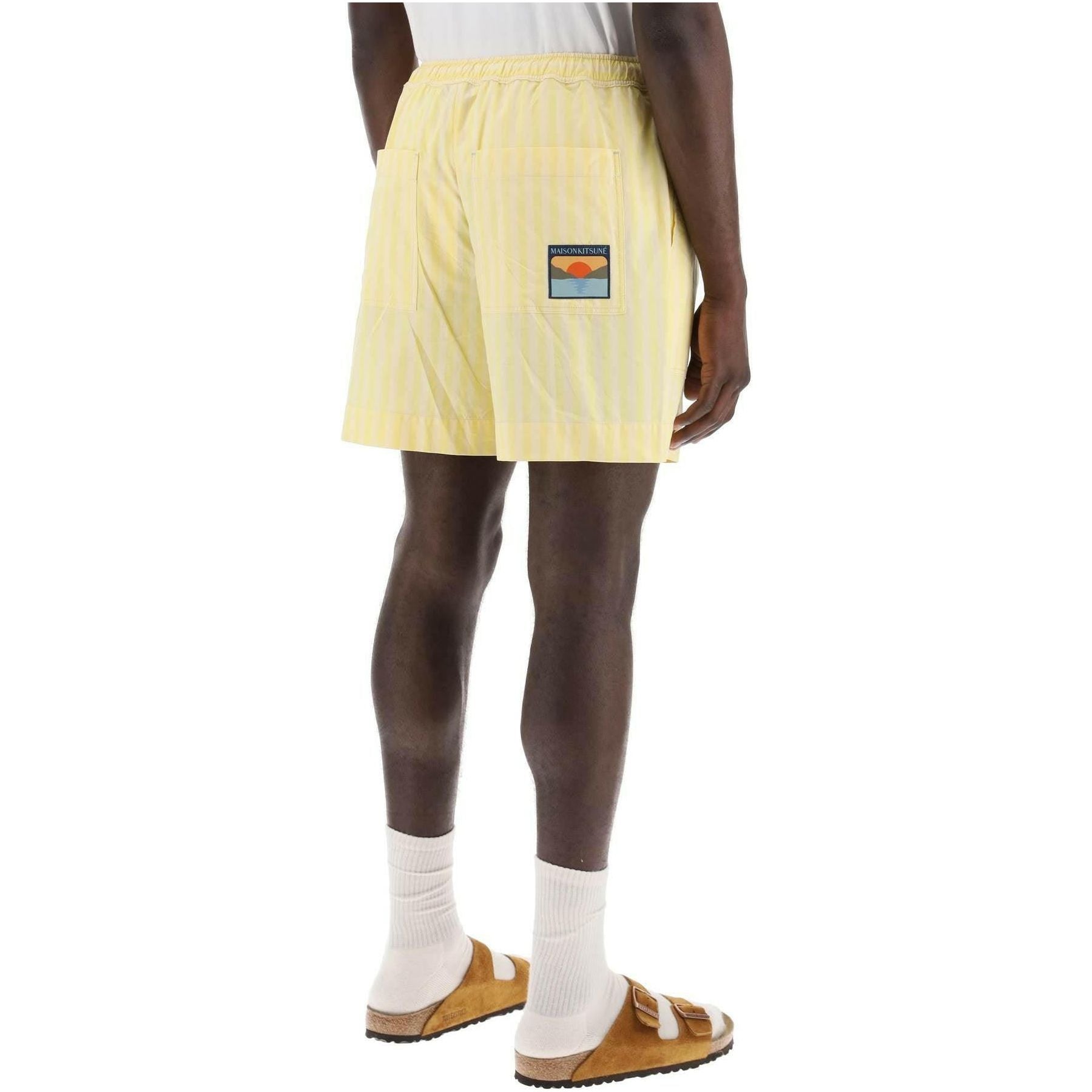 Light Yellow Striped Poplin Shorts With Sunset Patch MAISON KITSUNE JOHN JULIA.