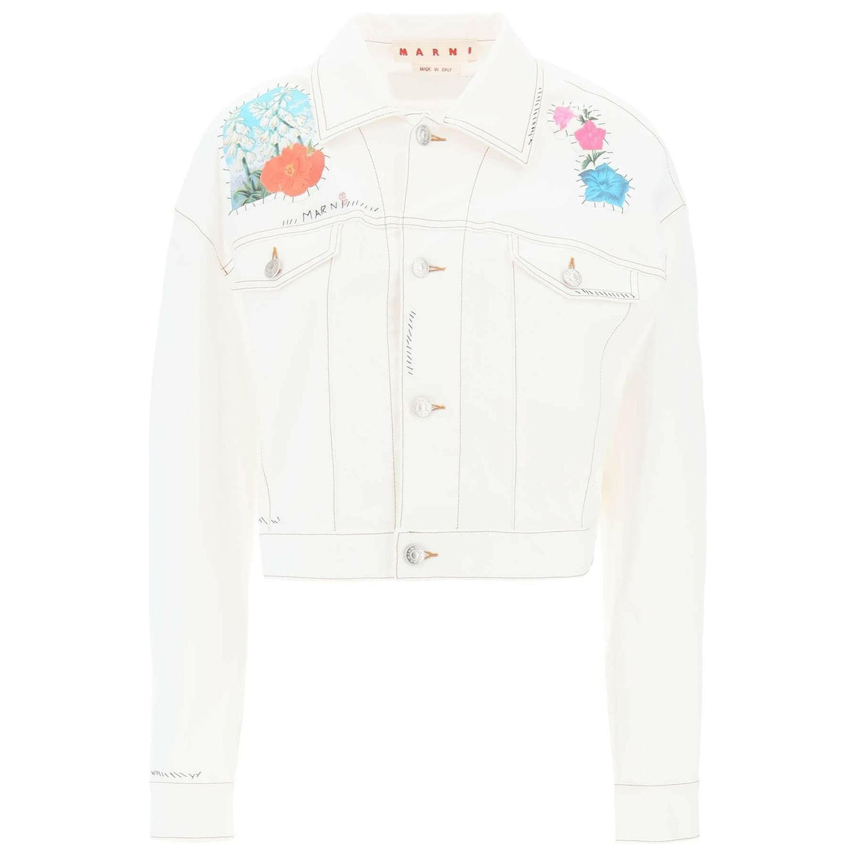 MARNI - Cropped Denim Jacket With Flower Patches And Embroidery - JOHN JULIA