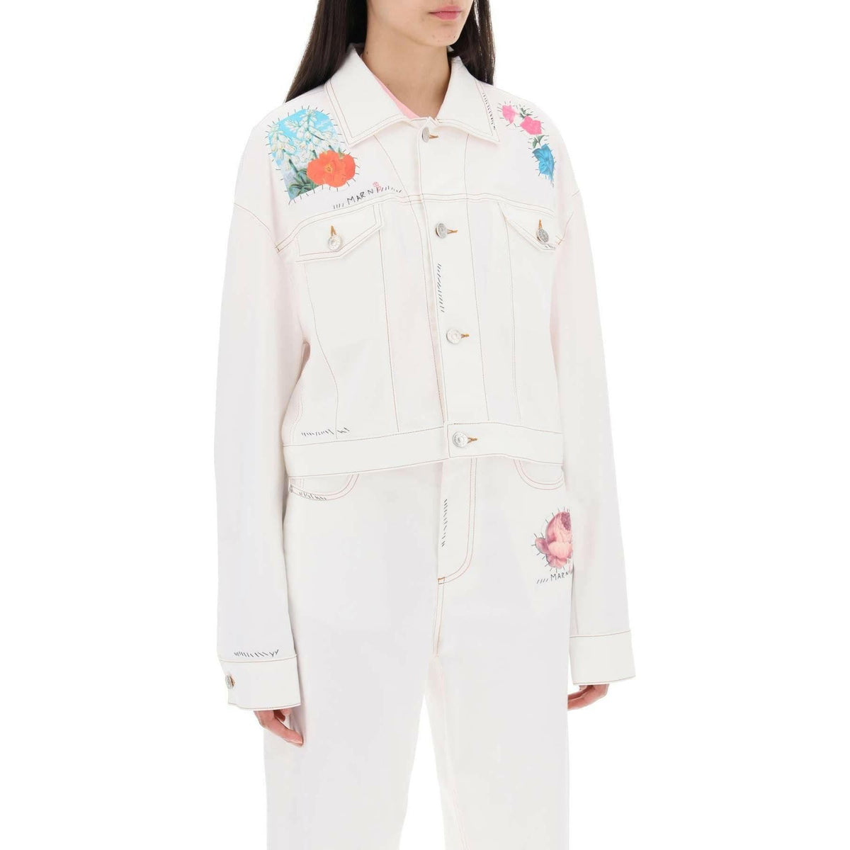 MARNI - Cropped Denim Jacket With Flower Patches And Embroidery - JOHN JULIA