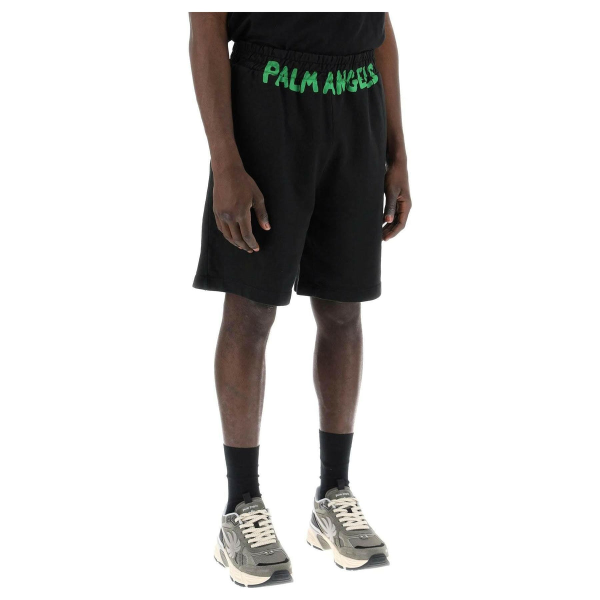 PALM ANGELS - Black and Fluorescent Green Logo Cotton Shorts - JOHN JULIA