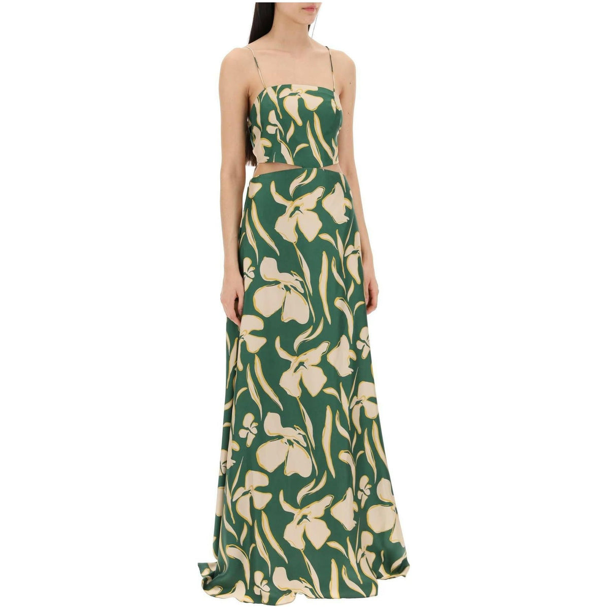 Floral Silk Twill Long Bali Dress With Bust Cut-Outs And Bow Detail RAQUEL DINIZ JOHN JULIA.